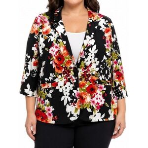 Notations Woman Plus 3X Blazer Jacket Black Floral Print 3/4 Sleeve One Button